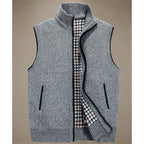 Knitted Vest Men's Grey Fleece-Lined Stand Collar Zip Gilet – Casual, Autumn Layering