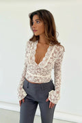 Lace Top Ivory Floral Sheer Women's Deep V-Neck Long Bell Sleeve – Going Out, Evening, Date Night