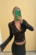 Lace Top Ivory Floral Sheer Women's Deep V-Neck Long Bell Sleeve – Going Out, Evening, Date Night
