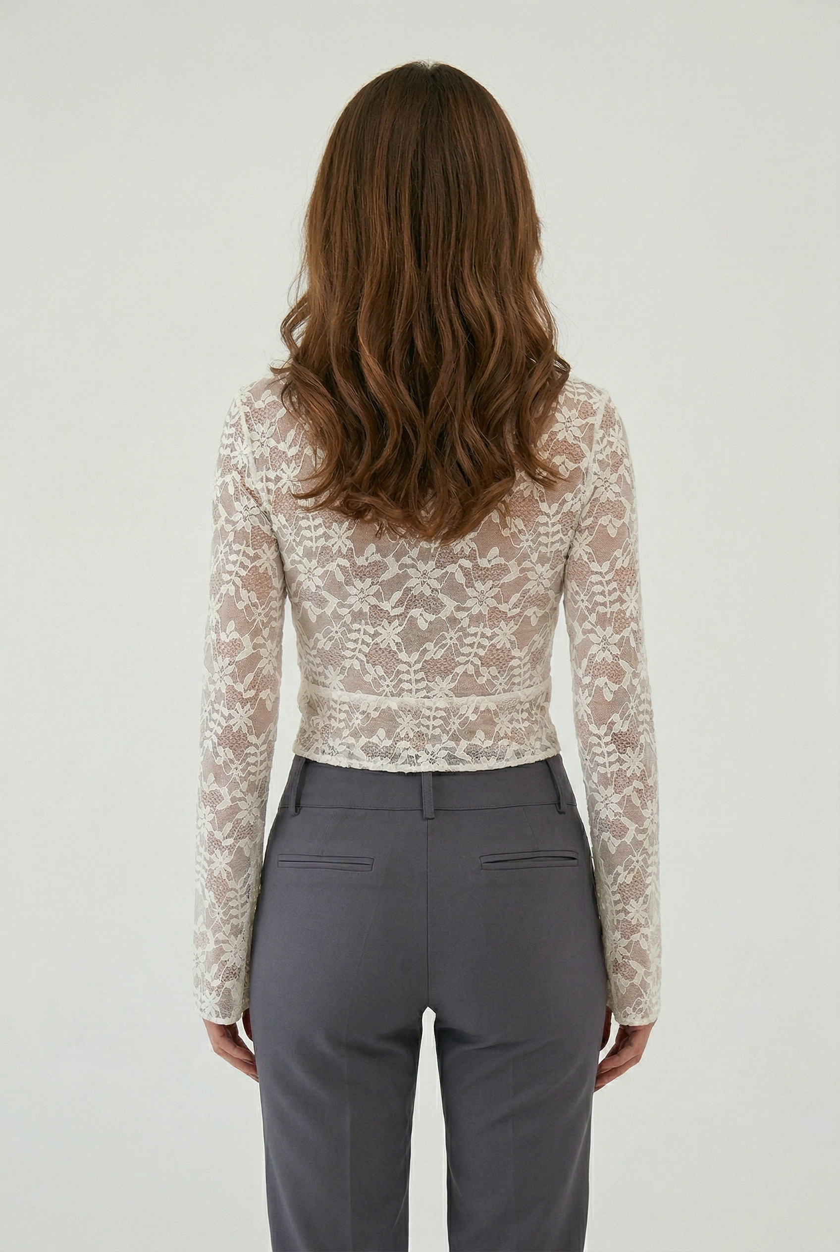 Lace Top Ivory Floral Sheer Women's Deep V-Neck Long Bell Sleeve – Going Out, Evening, Date Night