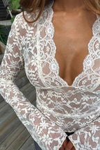 Lace Top Ivory Floral Sheer Women's Deep V-Neck Long Bell Sleeve – Going Out, Evening, Date Night