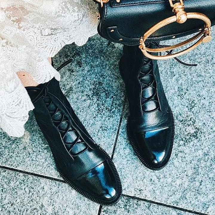 Lace-Up Ankle Boots Black Leather Women's – Casual, Office, Holiday, Everyday Wear