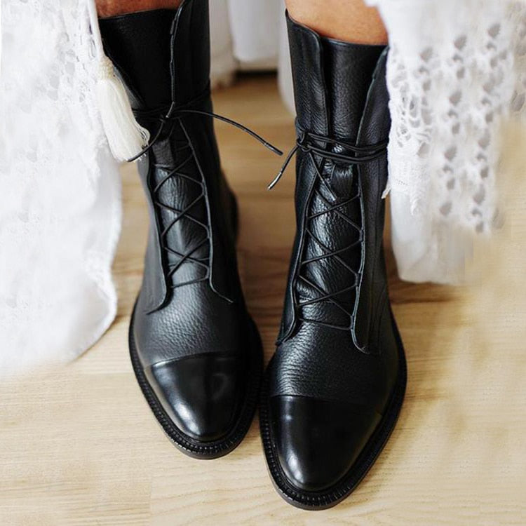 Lace-Up Ankle Boots Black Leather Women's – Casual, Office, Holiday, Everyday Wear