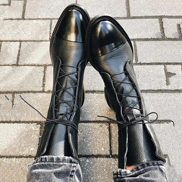 Lace-Up Ankle Boots Black Leather Women's – Casual, Office, Holiday, Everyday Wear