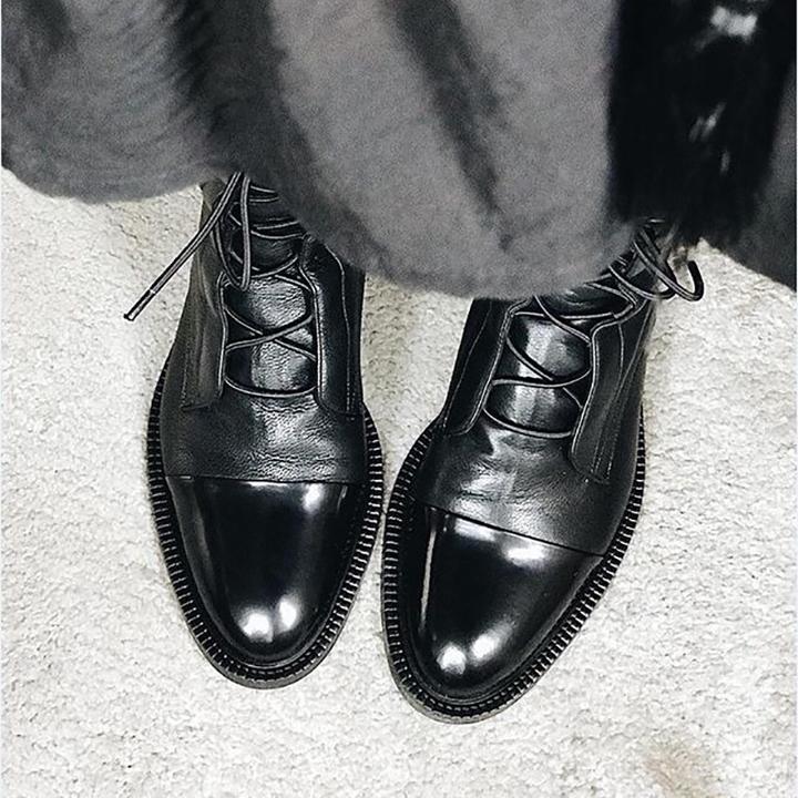 Lace-Up Ankle Boots Black Leather Women's – Casual, Office, Holiday, Everyday Wear