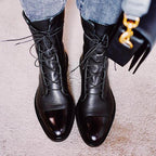 Lace-Up Ankle Boots Black Leather Women's – Casual, Office, Holiday, Everyday Wear