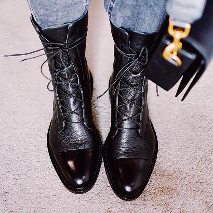 Lace-Up Ankle Boots Black Leather Women's – Casual, Office, Holiday, Everyday Wear