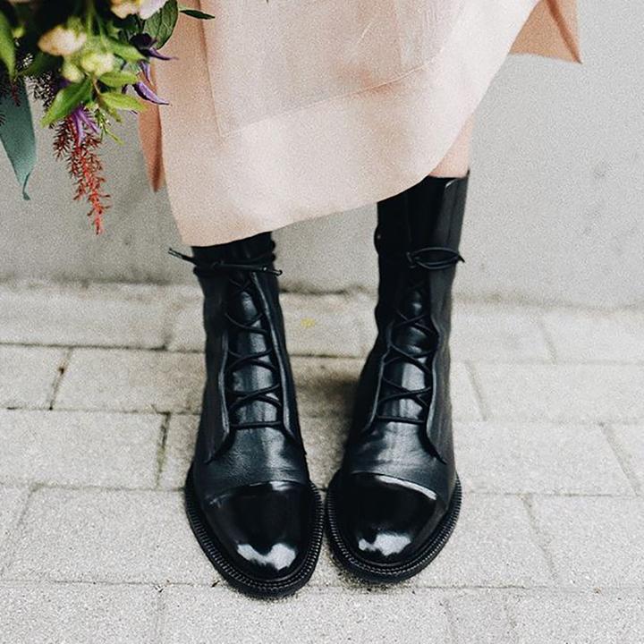 Lace-Up Ankle Boots Black Leather Women's – Casual, Office, Holiday, Everyday Wear
