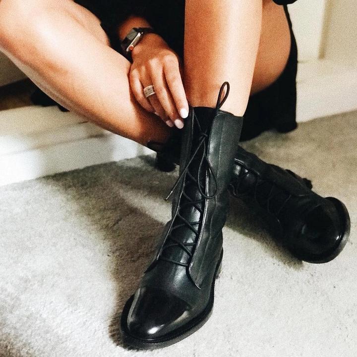 Lace-Up Ankle Boots Black Leather Women's – Casual, Office, Holiday, Everyday Wear
