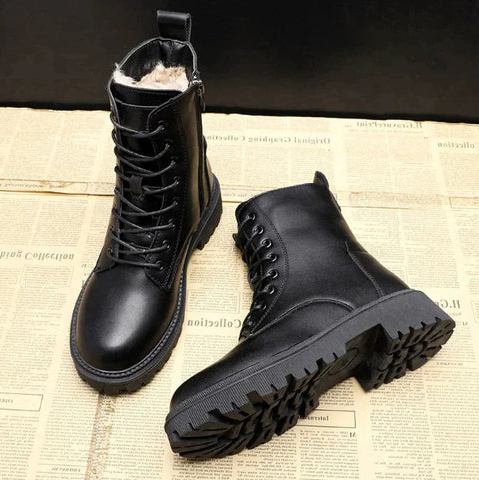 Leather Ankle Boots Fleece-Lined Lace-Up Women's – Winter, Casual, Everyday Warm Footwear
