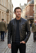 Leather Biker Jacket Black Men's Zip Pockets Slim Fit – Casual, Office, Holiday, Gift