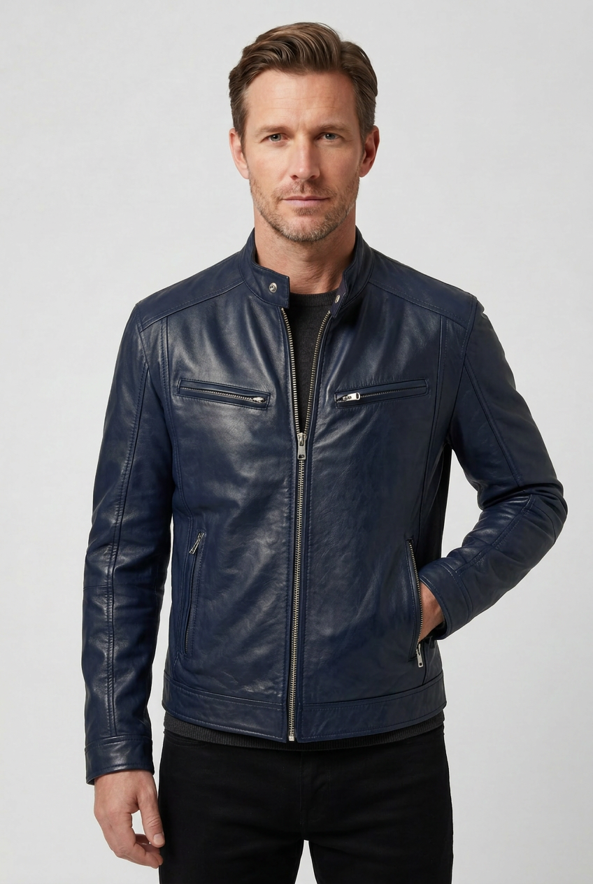 Leather Biker Jacket Black Men's Zip Pockets Slim Fit – Casual, Office, Holiday, Gift