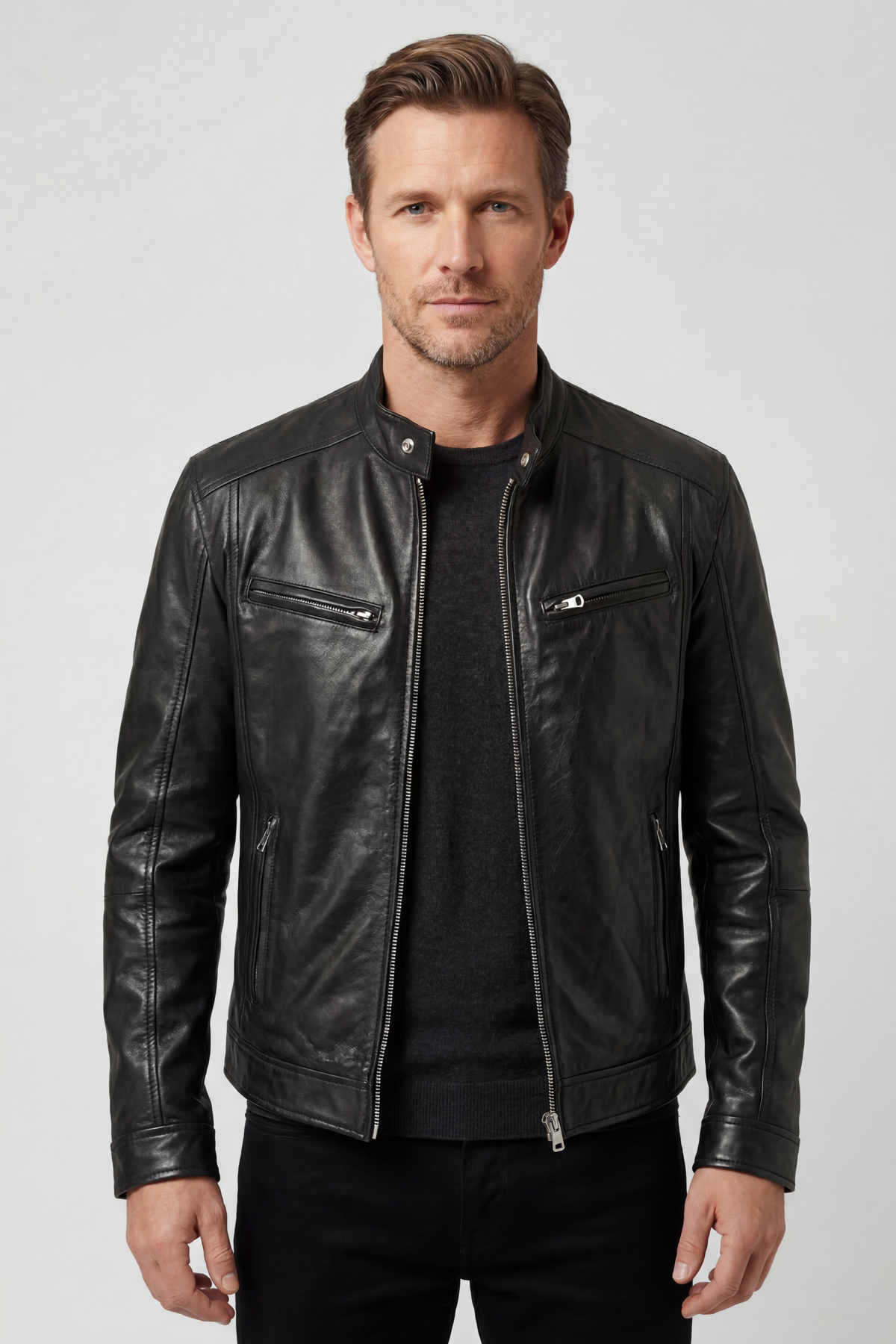 Leather Biker Jacket Black Men's Zip Pockets Slim Fit – Casual, Office, Holiday, Gift