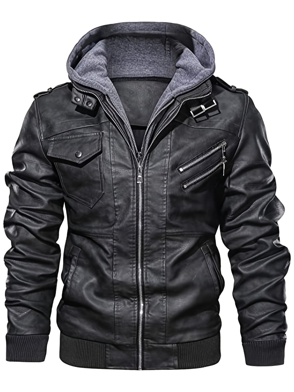 Leather Biker Jacket Men's Black Removable Hood Zip-Up – Casual, Motorcycle, Everyday Outerwear