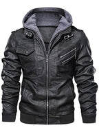 Leather Biker Jacket Men's Black Removable Hood Zip-Up – Casual, Motorcycle, Everyday Outerwear