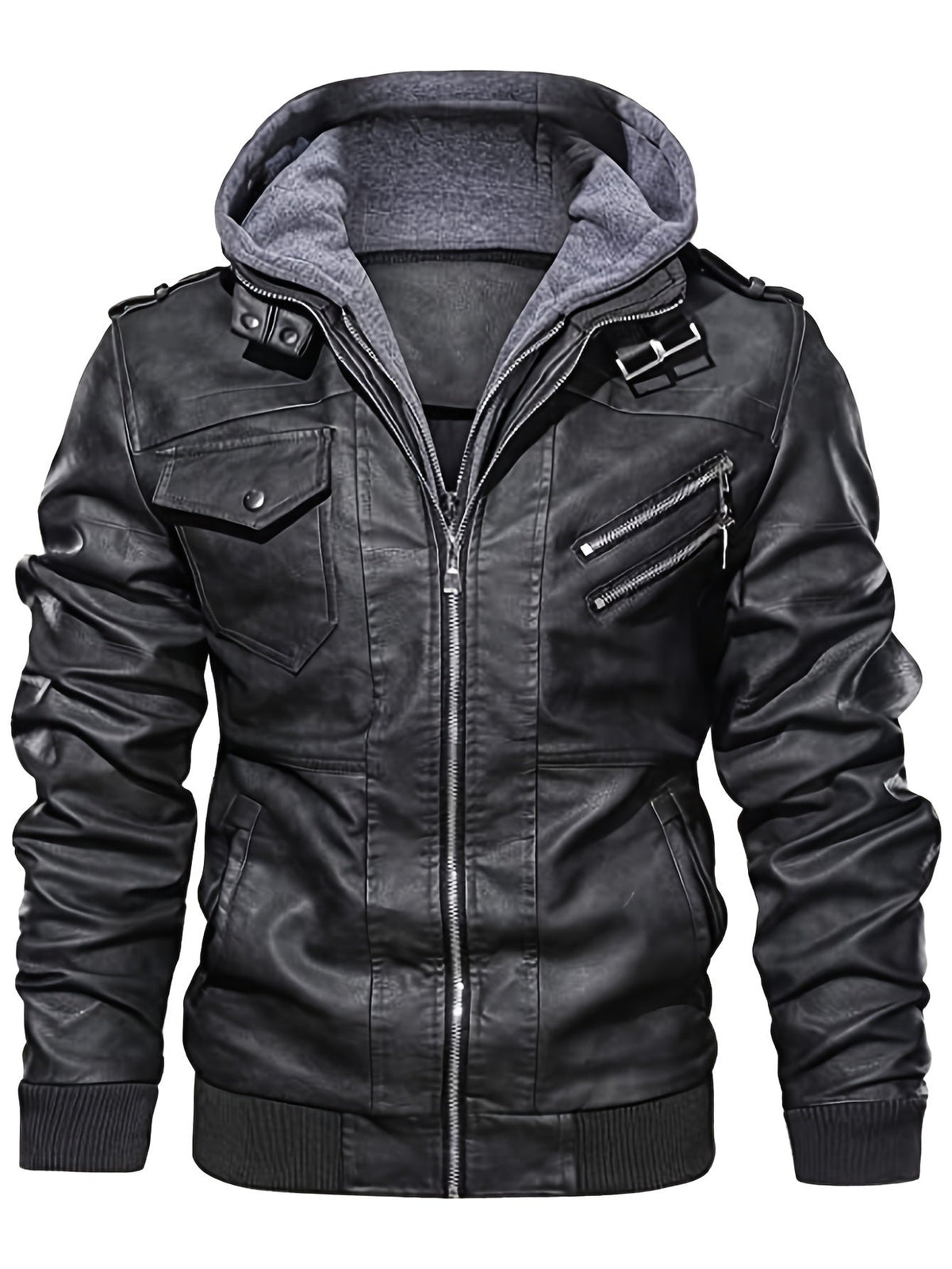 Leather Biker Jacket Men's Black Removable Hood Zip-Up – Casual, Motorcycle, Everyday Outerwear