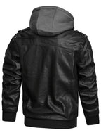 Leather Biker Jacket Men's Black Removable Hood Zip-Up – Casual, Motorcycle, Everyday Outerwear