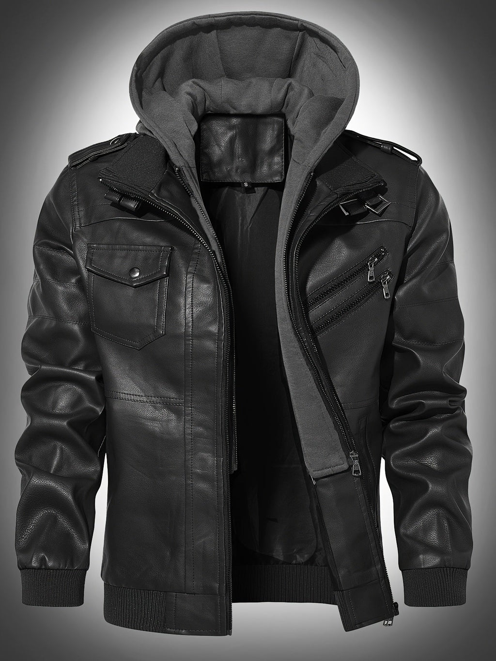 Leather Biker Jacket Men's Black Removable Hood Zip-Up – Casual, Motorcycle, Everyday Outerwear