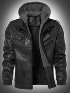 Leather Biker Jacket Men's Black Removable Hood Zip-Up – Casual, Motorcycle, Everyday Outerwear
