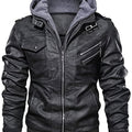 Leather Biker Jacket Men's Black Removable Hood Zip-Up – Casual, Motorcycle, Everyday Outerwear
