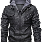 Leather Biker Jacket Men's Black Removable Hood Zip-Up – Casual, Motorcycle, Everyday Outerwear