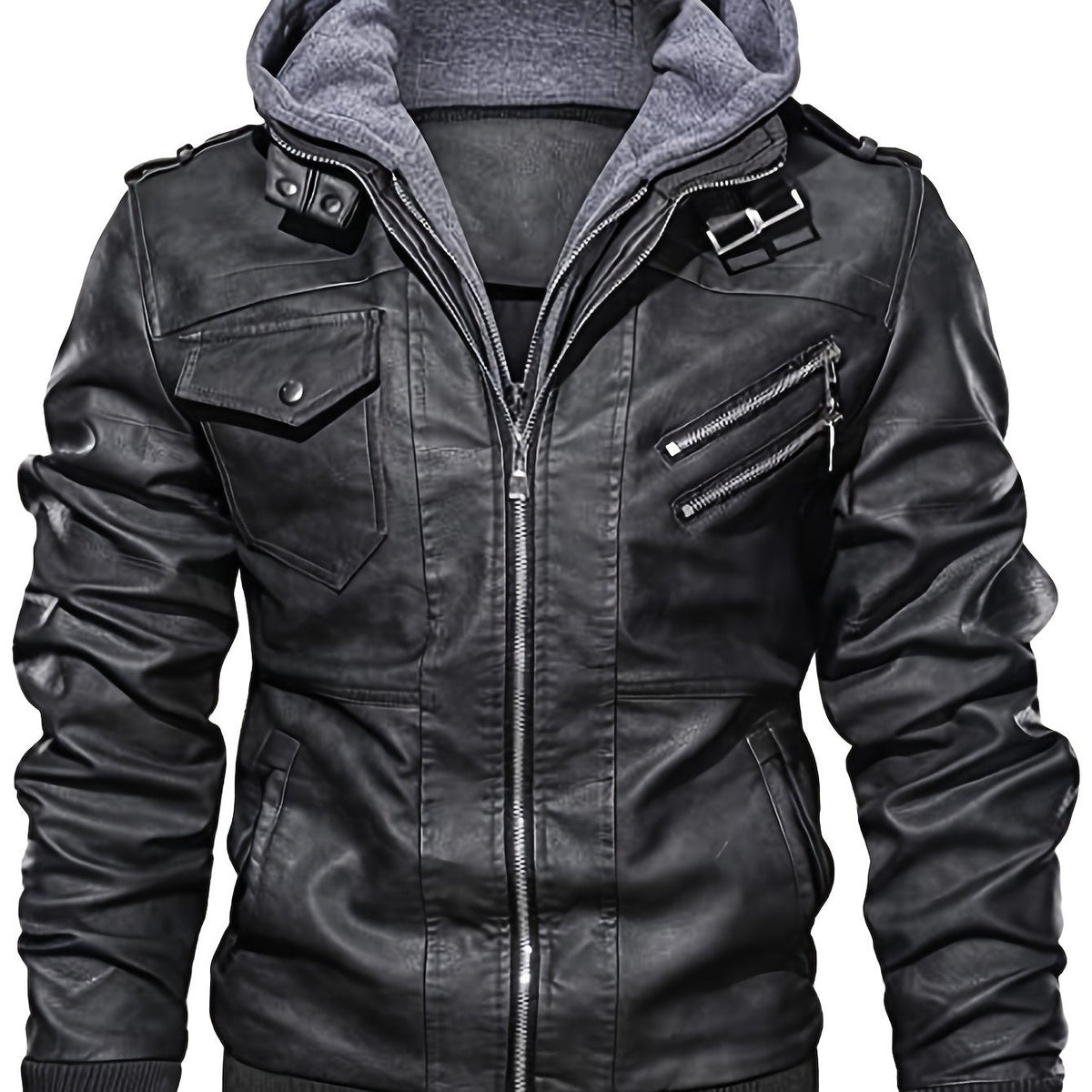 Leather Biker Jacket Men's Black Removable Hood Zip-Up – Casual, Motorcycle, Everyday Outerwear
