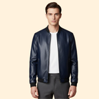 Leather Bomber Jacket Navy Blue Men's Zip-Up Ribbed Collar – Casual, Office, Holiday, Gift