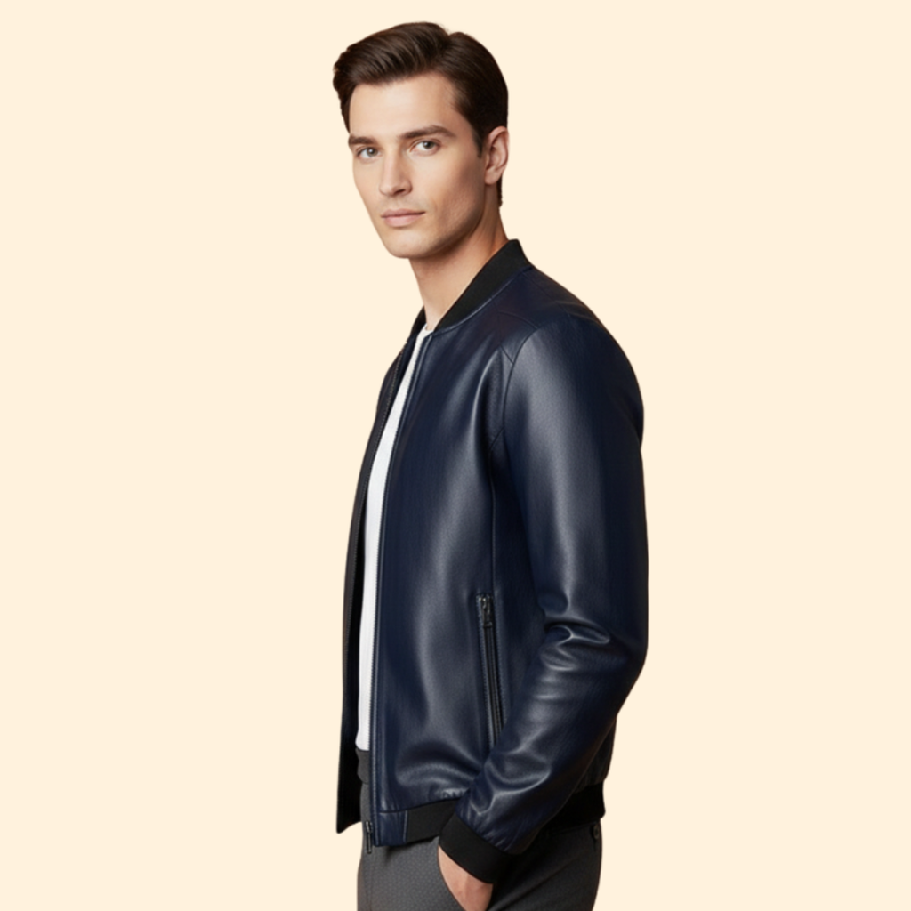 Leather Bomber Jacket Navy Blue Men's Zip-Up Ribbed Collar – Casual, Office, Holiday, Gift