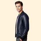 Leather Bomber Jacket Navy Blue Men's Zip-Up Ribbed Collar – Casual, Office, Holiday, Gift