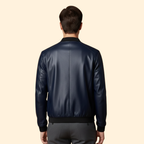 Leather Bomber Jacket Navy Blue Men's Zip-Up Ribbed Collar – Casual, Office, Holiday, Gift