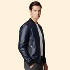 Leather Bomber Jacket Navy Blue Men's Zip-Up Ribbed Collar – Casual, Office, Holiday, Gift