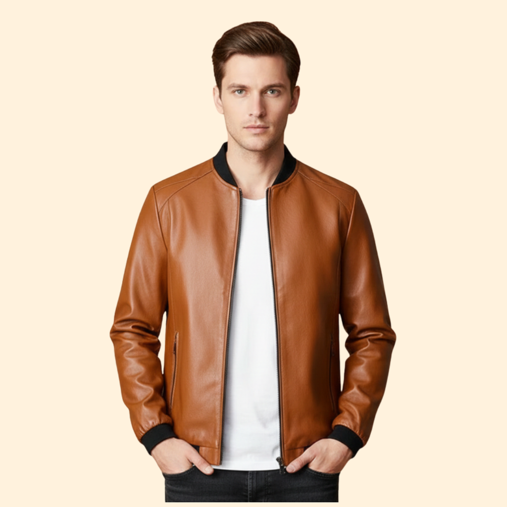 Leather Bomber Jacket Navy Blue Men's Zip-Up Ribbed Collar – Casual, Office, Holiday, Gift