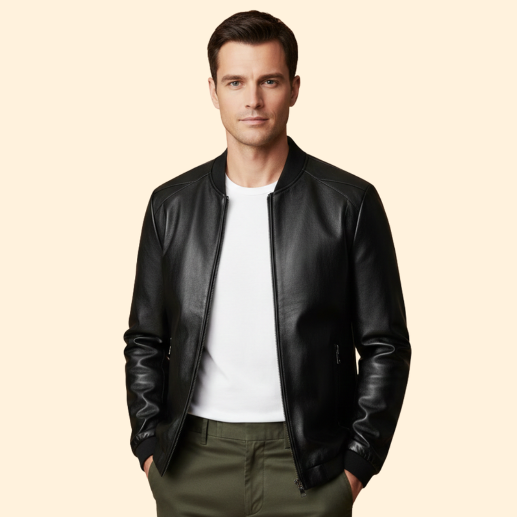 Leather Bomber Jacket Navy Blue Men's Zip-Up Ribbed Collar – Casual, Office, Holiday, Gift
