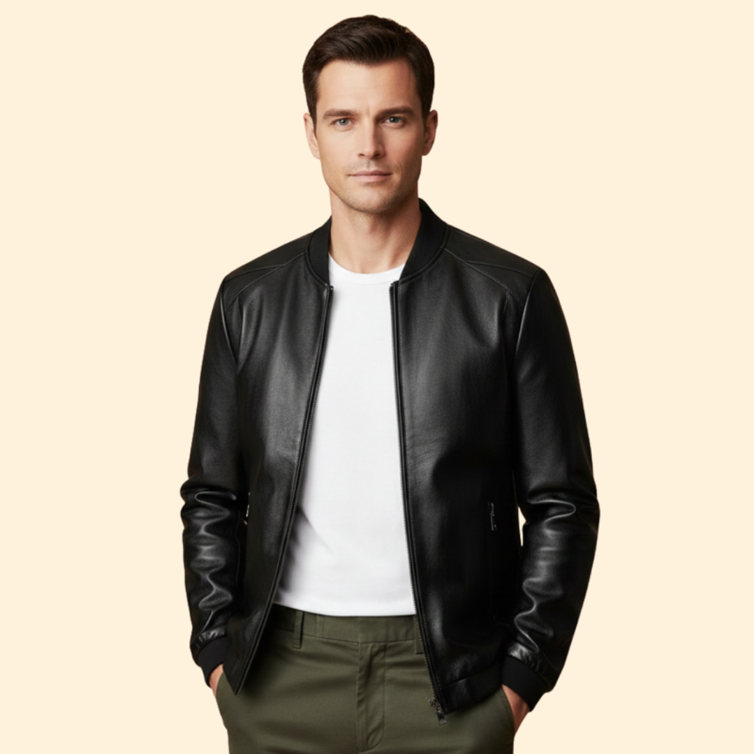 Leather Bomber Jacket Navy Blue Men's Zip-Up Ribbed Collar – Casual, Office, Holiday, Gift