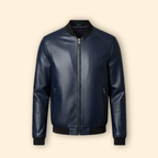 Leather Bomber Jacket Navy Blue Men's Zip-Up Ribbed Collar – Casual, Office, Holiday, Gift