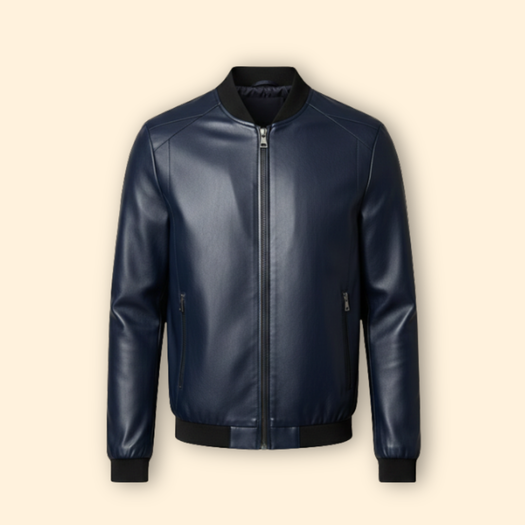 Leather Bomber Jacket Navy Blue Men's Zip-Up Ribbed Collar – Casual, Office, Holiday, Gift