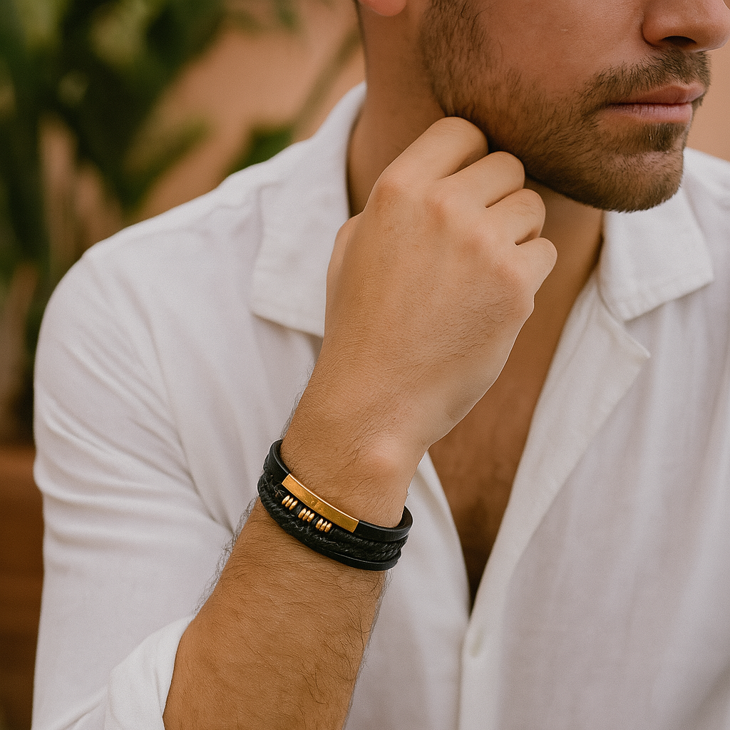 Leather Bracelet Black Gold Multi-Layer Braided Men's Magnetic Clasp – Casual, Gift
