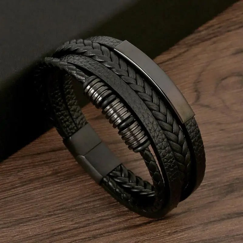 Leather Bracelet Black Gold Multi-Layer Braided Men's Magnetic Clasp – Casual, Gift