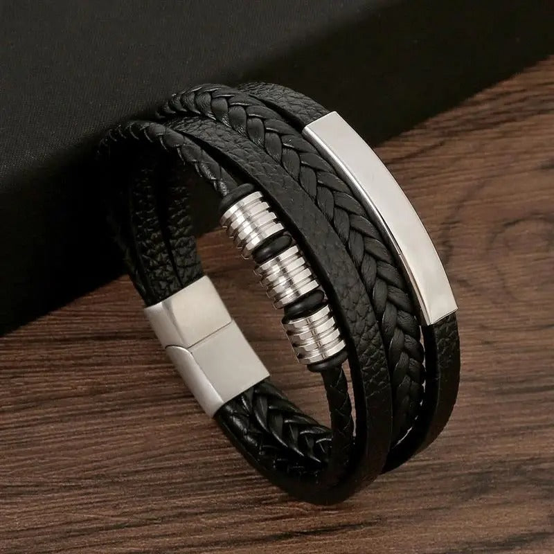 Leather Bracelet Black Gold Multi-Layer Braided Men's Magnetic Clasp – Casual, Gift
