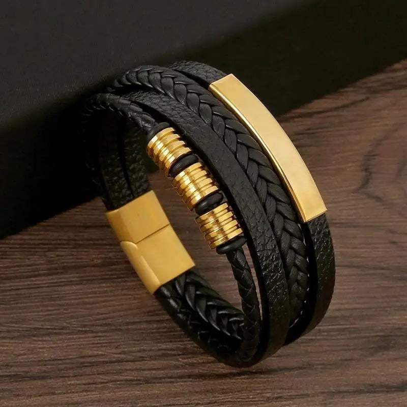 Leather Bracelet Black Gold Multi-Layer Braided Men's Magnetic Clasp – Casual, Gift