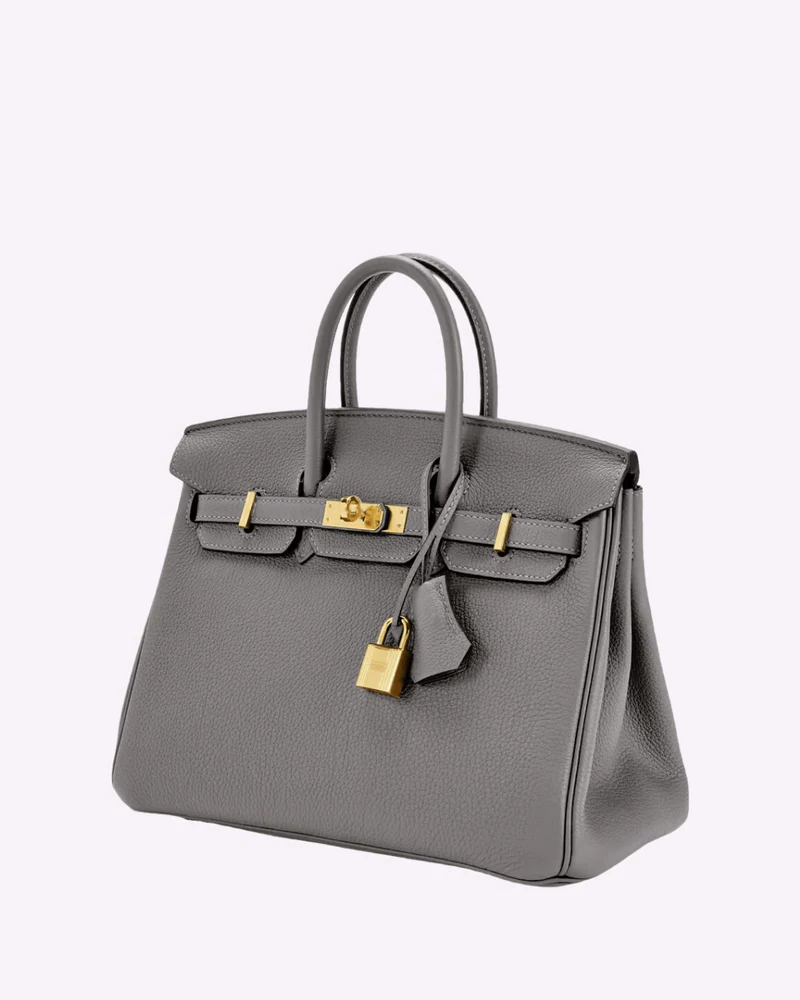 Leather Tote Handbag Grey Women's Gold Padlock Top Handle Bag – Work, Travel, Office, Gift