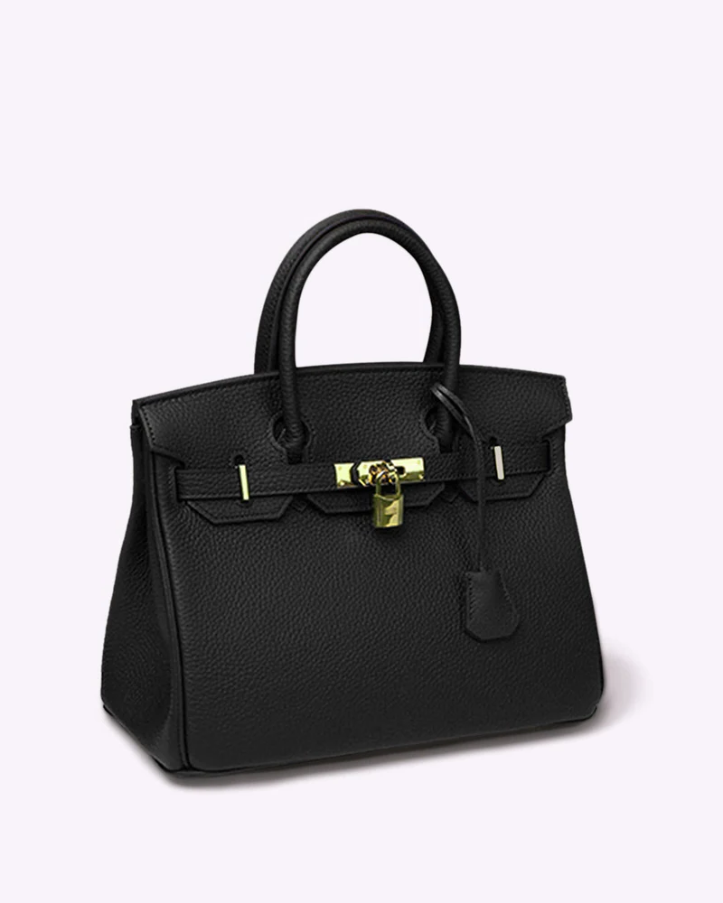 Leather Tote Handbag Grey Women's Gold Padlock Top Handle Bag – Work, Travel, Office, Gift