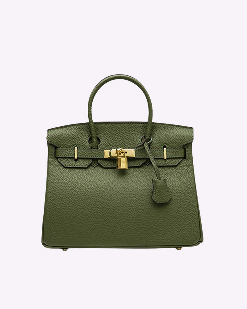 Leather Tote Handbag Grey Women's Gold Padlock Top Handle Bag – Work, Travel, Office, Gift