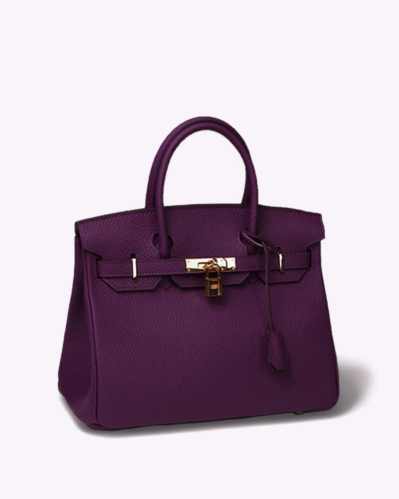 Leather Tote Handbag Grey Women's Gold Padlock Top Handle Bag – Work, Travel, Office, Gift