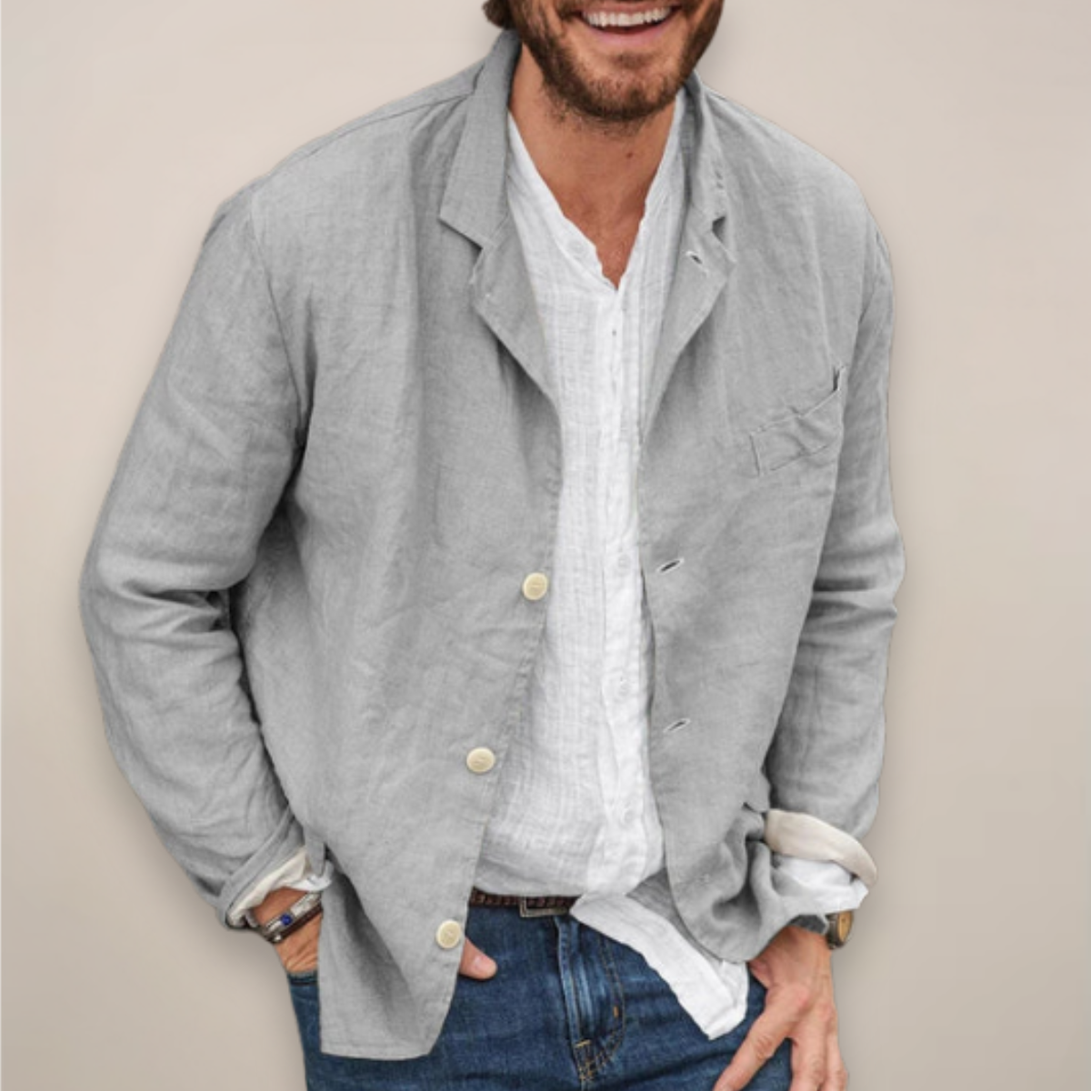 Linen Blazer Men's Beige Button-Up Lightweight Jacket – Casual, Office, Holiday, Summer Smart Wear