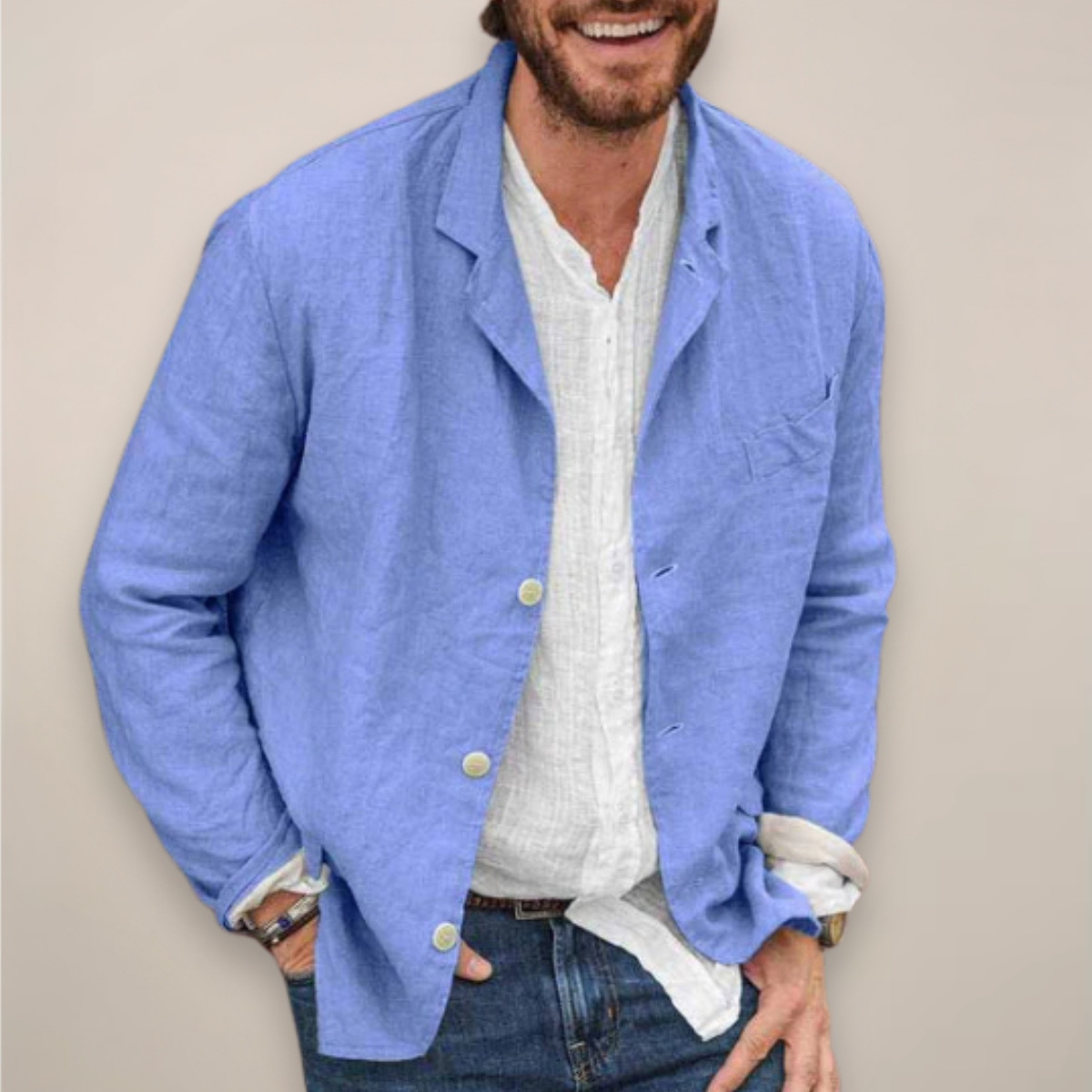 Linen Blazer Men's Beige Button-Up Lightweight Jacket – Casual, Office, Holiday, Summer Smart Wear