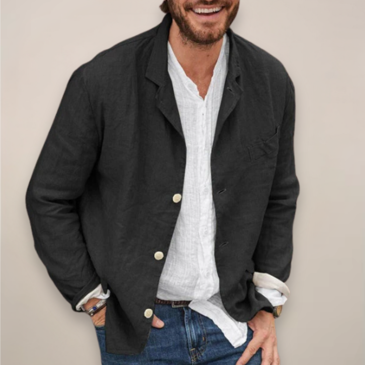Linen Blazer Men's Beige Button-Up Lightweight Jacket – Casual, Office, Holiday, Summer Smart Wear