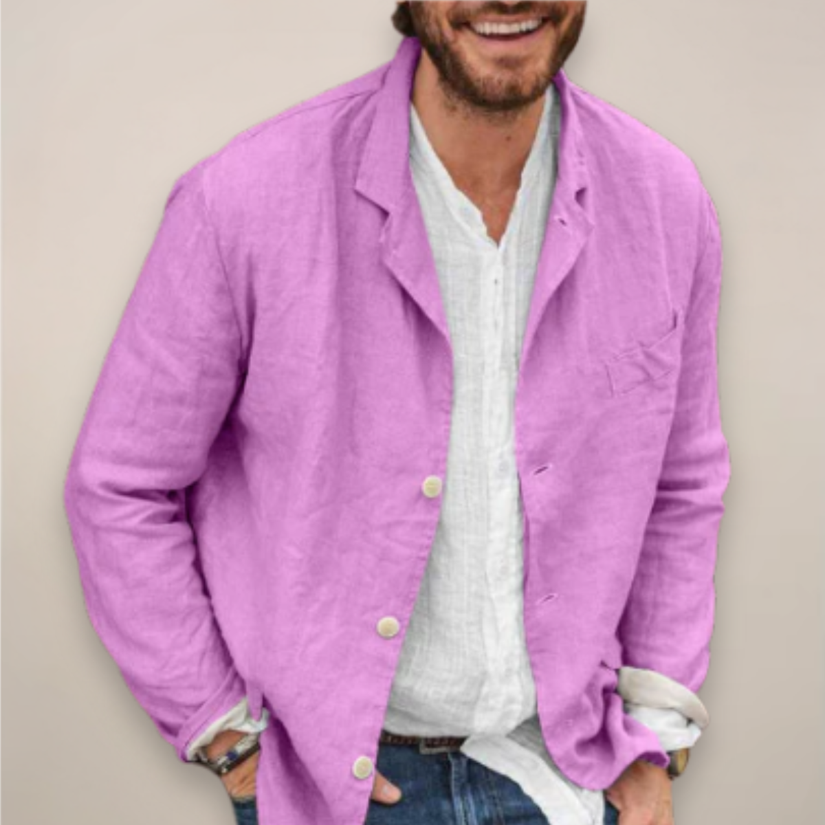Linen Blazer Men's Beige Button-Up Lightweight Jacket – Casual, Office, Holiday, Summer Smart Wear