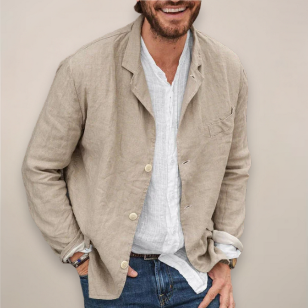 Linen Blazer Men's Beige Button-Up Lightweight Jacket – Casual, Office, Holiday, Summer Smart Wear