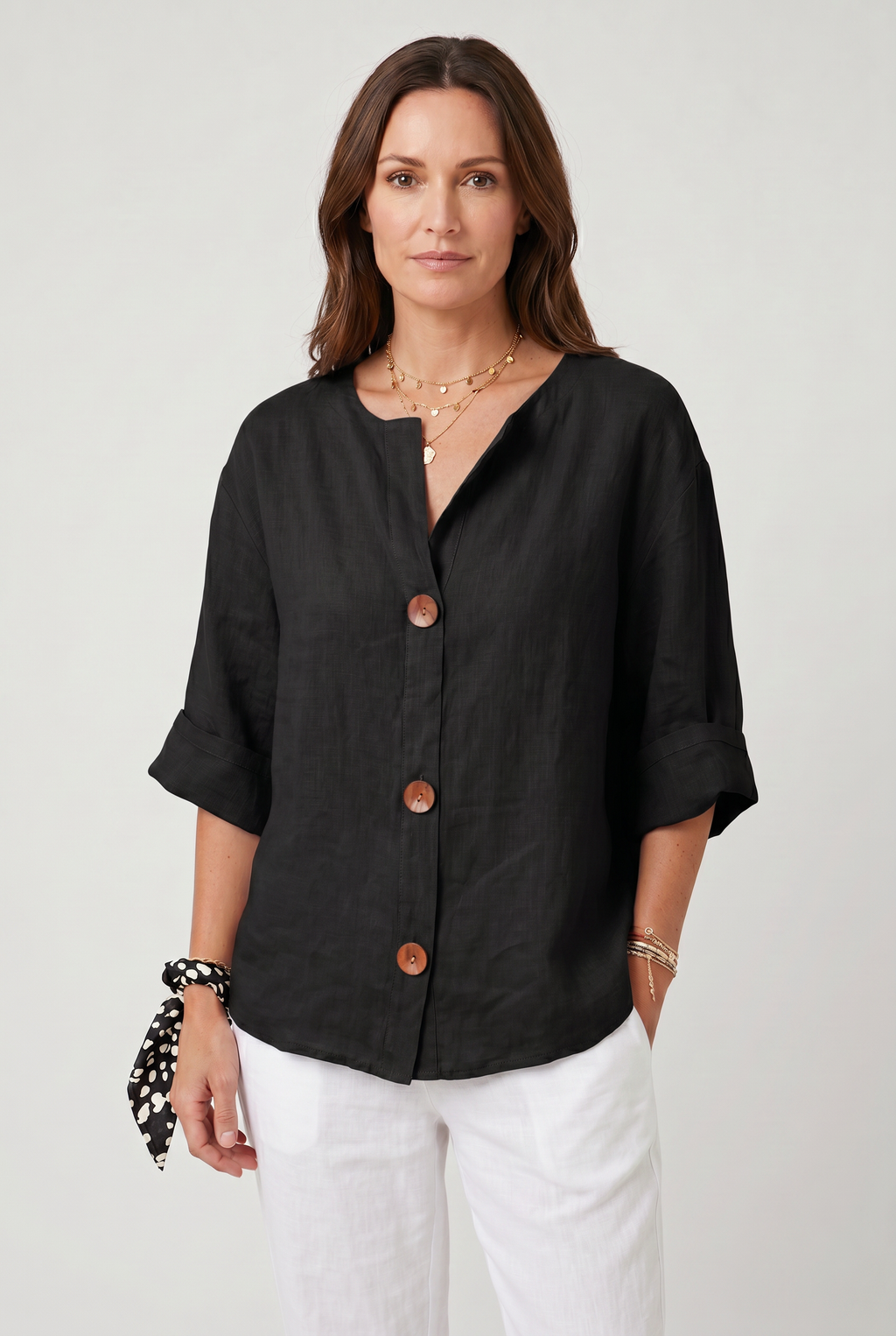Linen Blouse Grey Women's Split Neck 3/4 Sleeve Button Front Top – Casual, Office